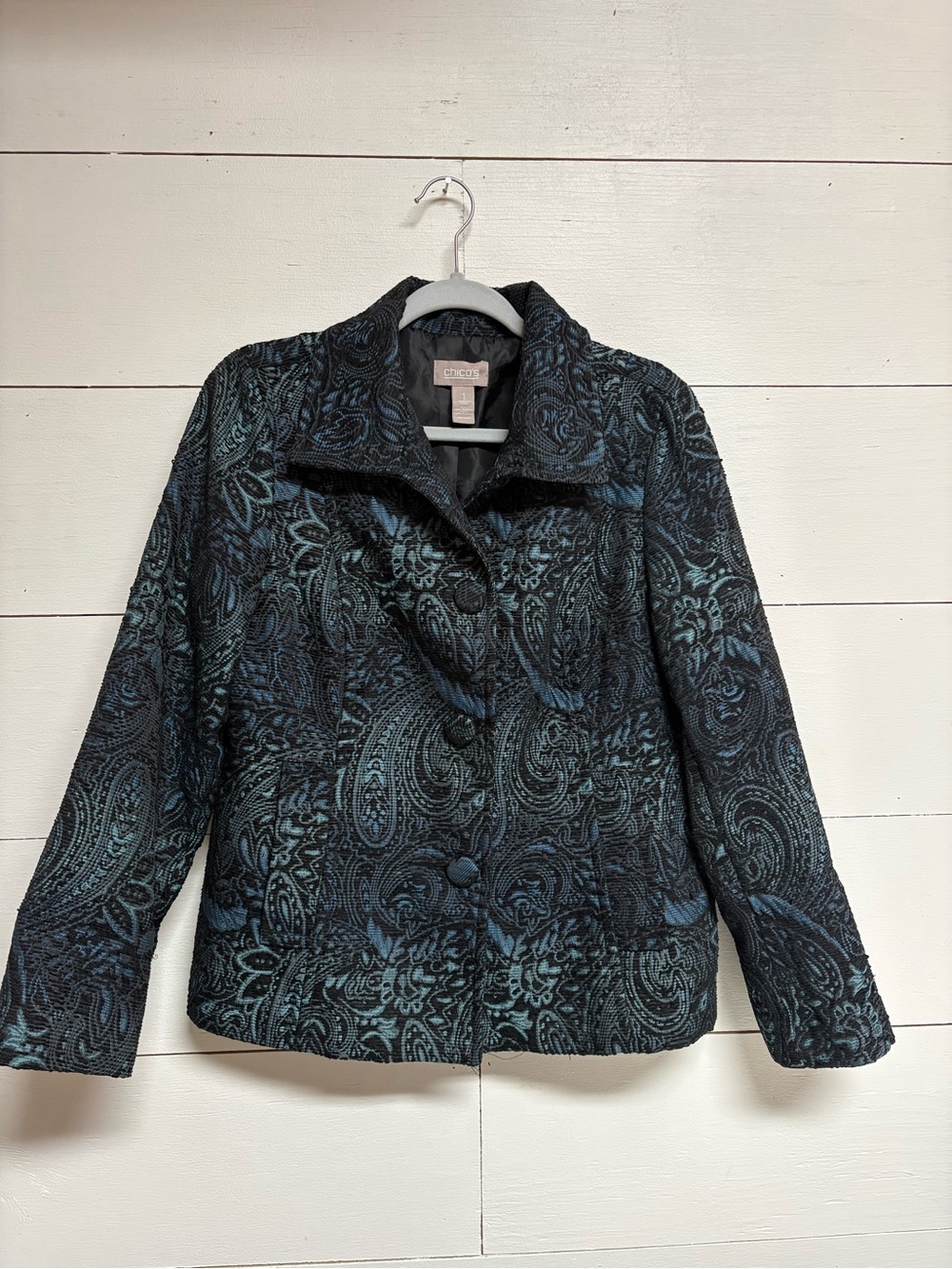Chico’s Black Teal Paisley Jacquard Jacket Size 1 Medium